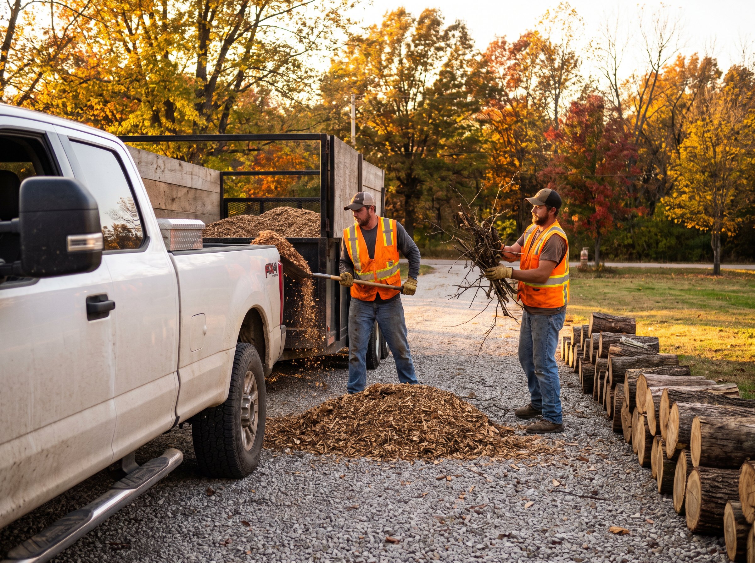 Skaggs Tree Service crew loading wood chips and brush into a truck and trailer to haul away after a job in Lincoln County, Missouri