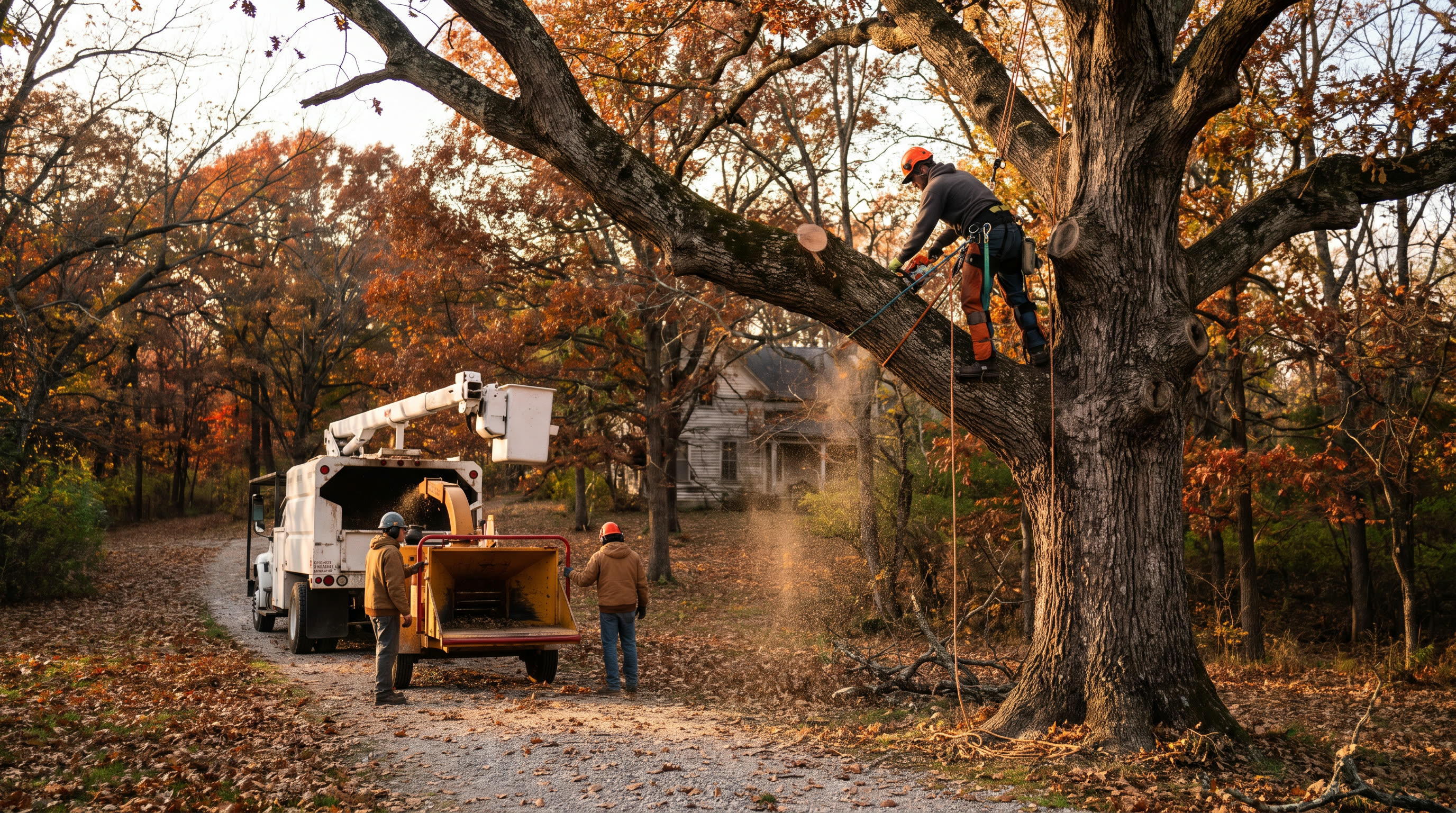 Skaggs Tree Service crew member removing a large oak tree limb using ropes and a chainsaw on a rural Lincoln County, Missouri property