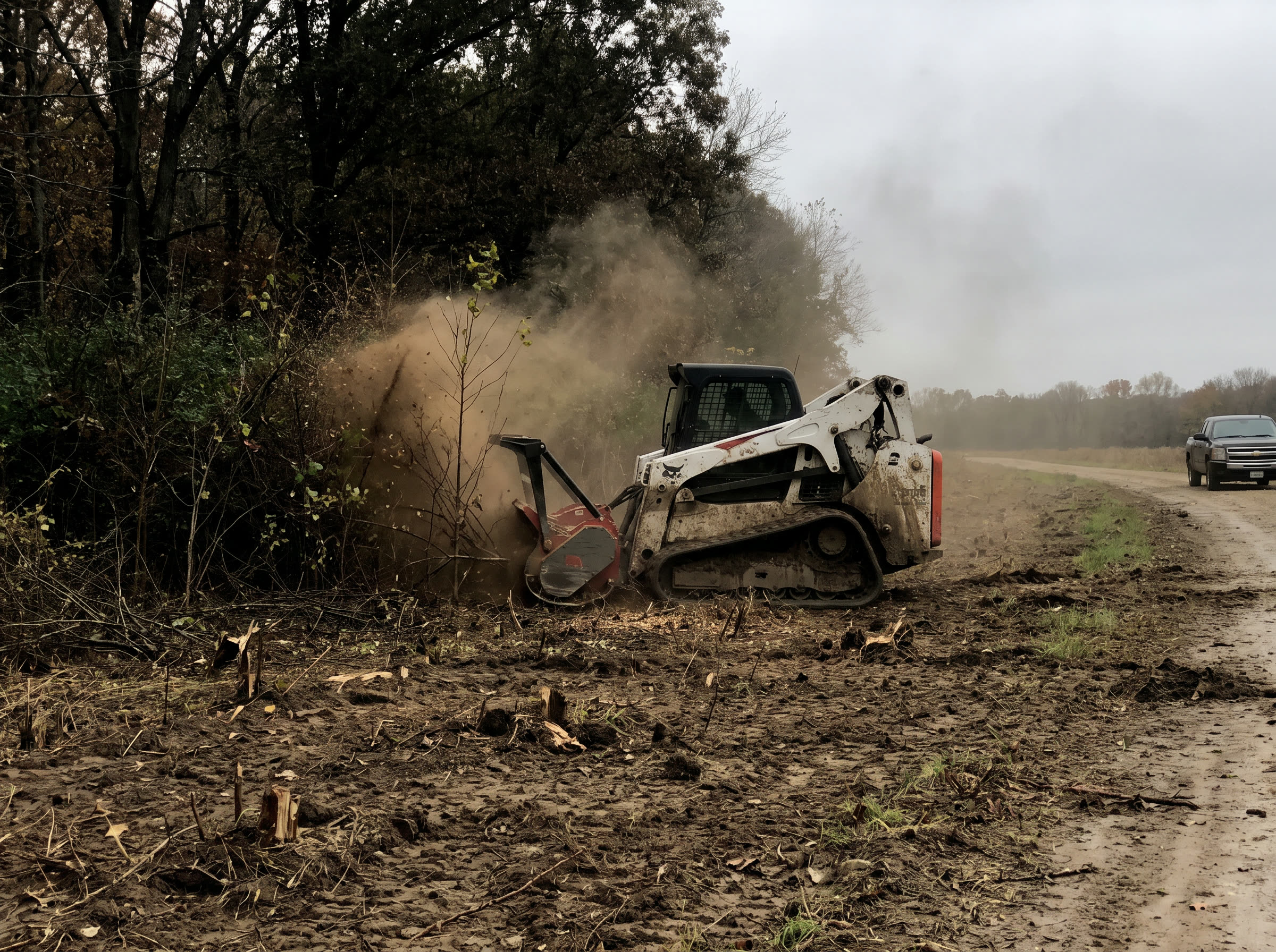 Forestry mulcher clearing brush and overgrowth along a rural Lincoln County, Missouri property line