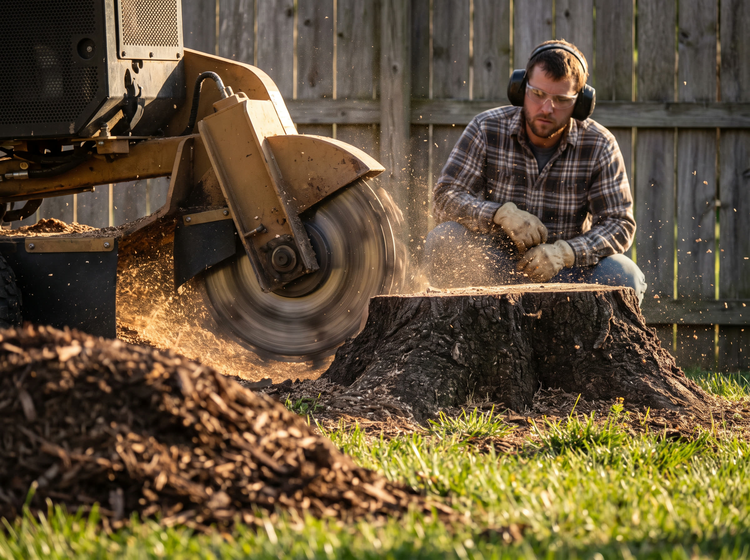 Stump grinder machine removing a large tree stump down below grade in a Lincoln County, Missouri backyard